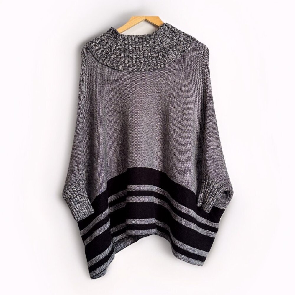 Maeve Anthropologie Womens Gray Black Poncho Sweater XS/S Cozy Cowl Neck Viscose - Picture 9 of 10